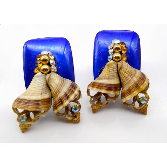 Vintage Genuine Seashell Earrings, Mid Century Blue Lucite w Shell Bells AB - Picture 2 of 6